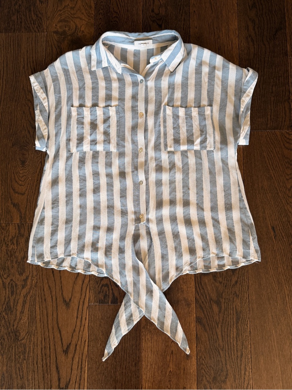 mittoshop Blue & White Striped Tie-Front Button Down Top